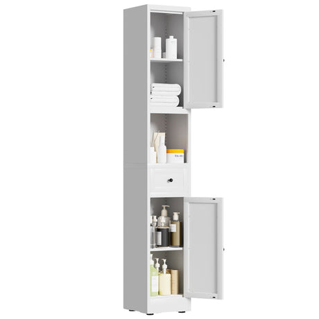 Tall Bathroom Storage Cabinet, 5-Tier Narrow With 2 Doors & Adjustable Shelves, Freestanding - White HouseOfZazla