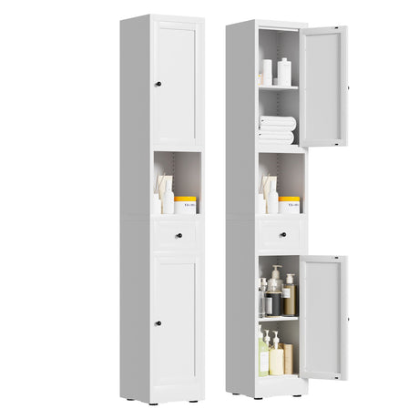 Tall Bathroom Storage Cabinet, 5-Tier Narrow With 2 Doors & Adjustable Shelves, Freestanding - White HouseOfZazla