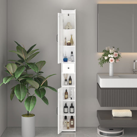 Slim Tall Bathroom Storage Cabinet With Adjustable Shelves, 2 Doors Freestanding Cabinet - White HouseOfZazla