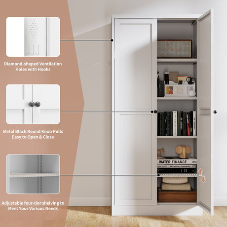 Metal Kitchen Pantry Cabinet With Adjustable Storage And 4 Heavy Duty Shelves - White HouseOfZazla
