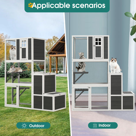3 Tier Wooden Outdoor & Indoor Cat House Suitable For 1-3 Cats Cat Enclosure Resting Box With 4 Platforms And 2 Doors Cat Shelter Kitty House With A Jump Box For Hiding And Resting Cat Cage - Gray HouseOfZazla