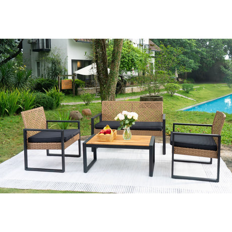 4 Piece Patio Furniture Set With Acacia Wood Table Top And Cushions HouseOfZazla
