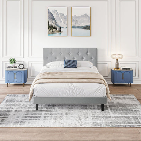 Modern Upholstered Platform Bed Frame With Button Tufted Fabric Headboard HouseOfZazla