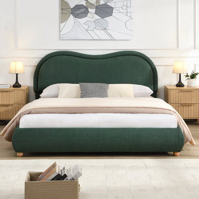 Queen Size Upholstered Platform Bed Frame with Rounded Corners Curved Headboard