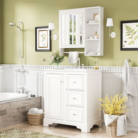 Bathroom Vanity With Sink, Modern Elegant Bathroom Storage Cabinet With 3 Drawers And Adjustable Shelves, Freestanding Vanity Set With Mirror Cabinet, Single Sink Bathroom Vanity HouseOfZazla