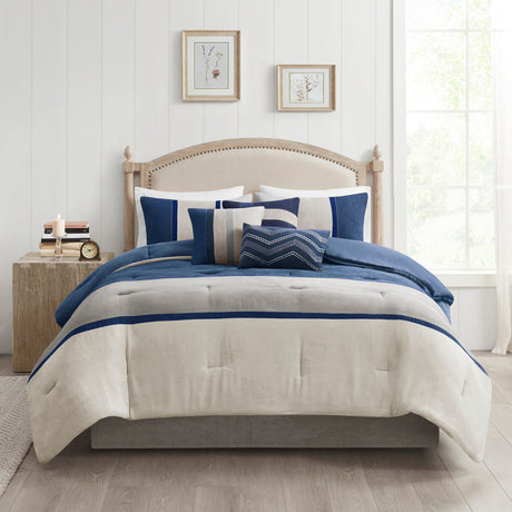 7 Piece Faux Suede Comforter Set Blue Queen HouseOfZazla