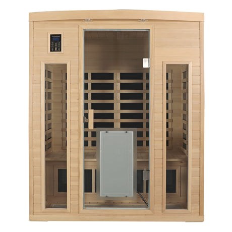 Low EMF, There is also a heating plate on the glass door, Hemlock wood Far-infrared indoor Three person sauna room HouseOfZazla