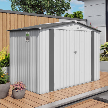 Outdoor Garden Storage Shed, Tool Shed With Pitched Roof Waterproof With 1 Window And 2 Lockable Door - White / Gray HouseOfZazla