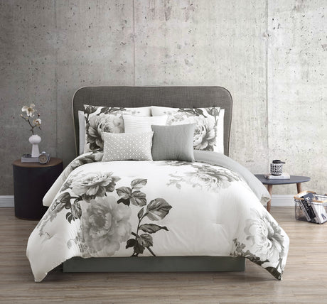 Ridgely 7 Pc Watercolor Black and White Floral Comforter Set HouseOfZazla