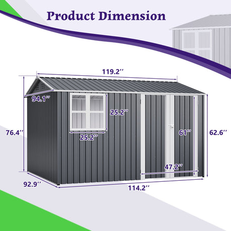 10X8FT Outdoor Steel Storage Shed with Clear Window, Lockable Doors HouseOfZazla
