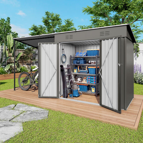Lean To Shed With Open Sided Pergola, Outdoor Storage Shed & Attached Hardtop Gazebo Combo - Gray HouseOfZazla