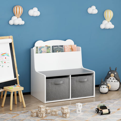Bookshelf With Storage Bins, Bookcase With Book Display Shelf And 2 Bins, Cute Bear Shaped Backboard, Toy Organizer - White HouseOfZazla