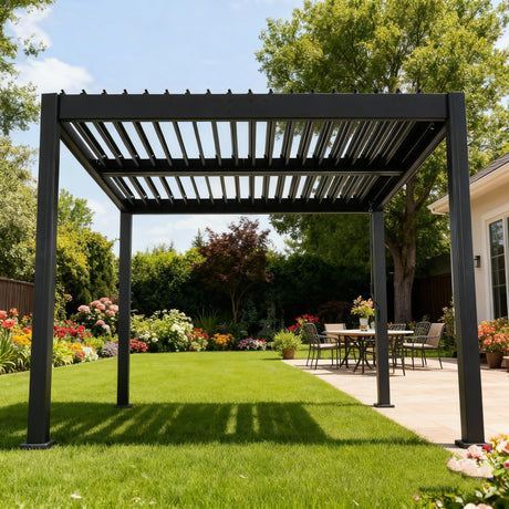 Byron Black Outdoor Pergola Aluminum with Adjustable Louvered Roof HouseOfZazla