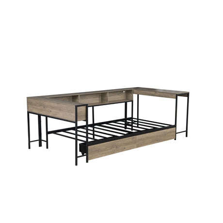 Corner Bed Frame Twin Size With Bookcase And 2 Underbed Storage Drawers, Modern Twin Bed With LED Light And Charging Station, Modern Daybed Reversible Left Or Right - Gray HouseOfZazla