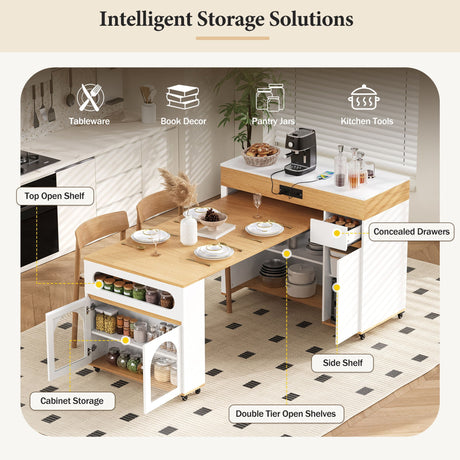 Extendable Dining Table With Folding Top, Rolling Kitchen Island With Drawers And Power Outlet HouseOfZazla
