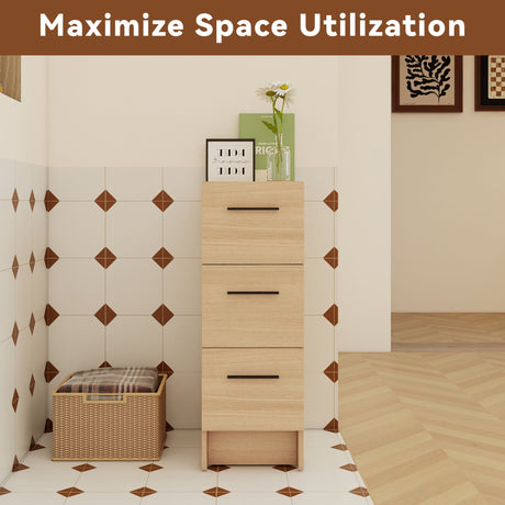 Slim Freestanding Bathroom Storage Cabinet, 3 Drawers - Light Oak HouseOfZazla