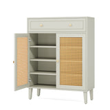 Shoe Cabinet With Rattan Doors And Drawer, 4 Tier Storage Organizer - Mint Green
