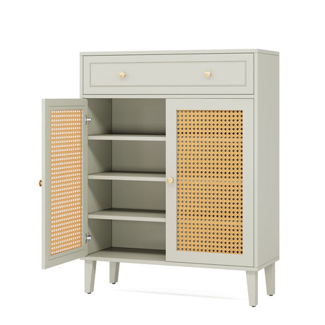 Shoe Cabinet With Rattan Doors And Drawer, 4 Tier Storage Organizer - Mint Green HouseOfZazla