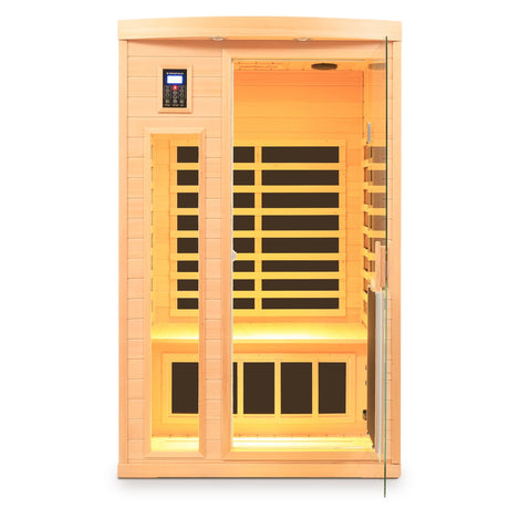 Low EMF, There is also a heating plate on the glass door, Hemlock wood Far-infrared indoor Two person sauna room HouseOfZazla
