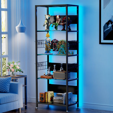 4 Tier Display Shelf With RGB Lights, LED Lighted Curio Cabinet With Adjustable Storage Box & Hooks - Black HouseOfZazla
