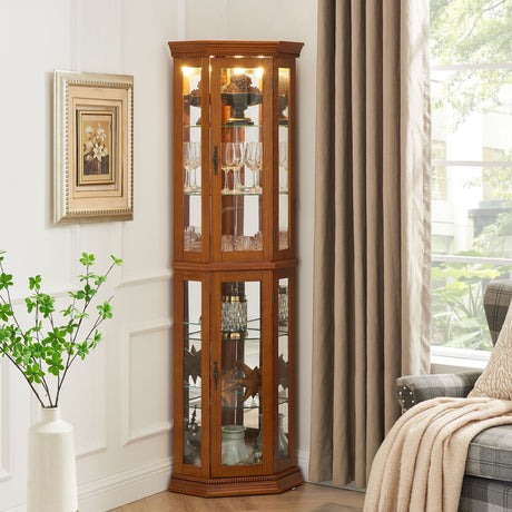 Corner Curio Cabinet With Lights, Adjustable Tempered Glass Shelves, Mirrored Back, Display Cabinet (E26 Light Bulb Not Included) HouseOfZazla
