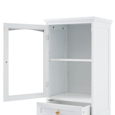 Tall Bathroom Storage Cabinet With Glass Doors, Free-Standing, Two Drawers, And Adjustable Shelves, Board, Painted Perfect For Displaying Your Favorite Items HouseOfZazla