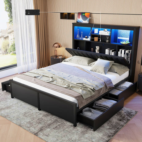 Bed Frame With High Storage Headboard, LED Light And Charging Station, 4 Storage Drawers HouseOfZazla