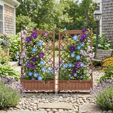 Raised Garden Bed With Trellis 2 Pack, Outdoor Planter Box & Plant Stand With Climbing Racks - Brown HouseOfZazla
