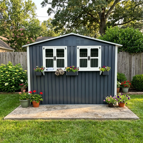 6x9 FT Outdoor Metal Storage Shed with Window & Flower Rack HouseOfZazla