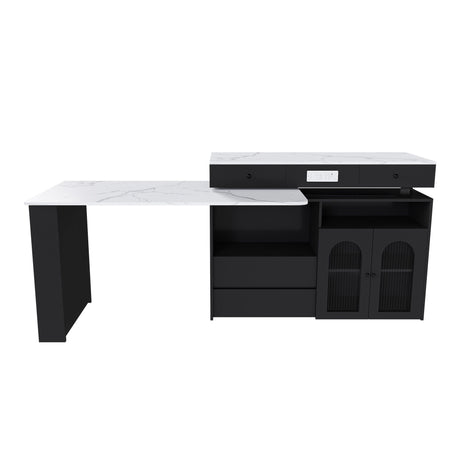 Kitchen Island With Extendable Rotating Table, 4 Drawers & Glass Door Cabinets, Built In Socket - Black HouseOfZazla