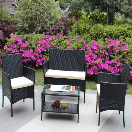 4 PC Rattan Patio Furniture Set Outdoor Cushioned Wicker Sofa HouseOfZazla