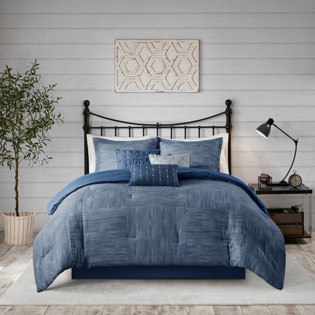 7 Piece Printed Seersucker Comforter Set Navy King HouseOfZazla