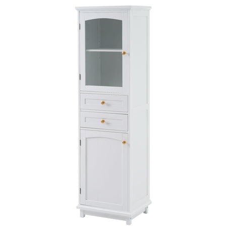 Tall Bathroom Storage Cabinet With Glass Doors, Free-Standing, Two Drawers, And Adjustable Shelves, Board, Painted Perfect For Displaying Your Favorite Items HouseOfZazla