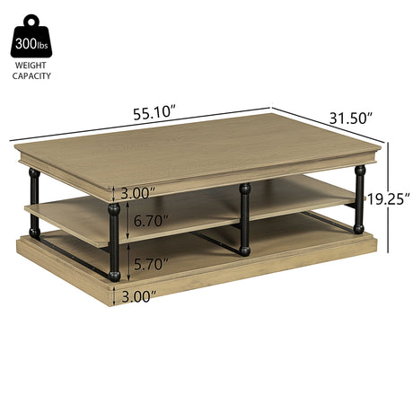 55.1' Wood Coffee Table with Black Legs and Open Storage Shelves HouseOfZazla