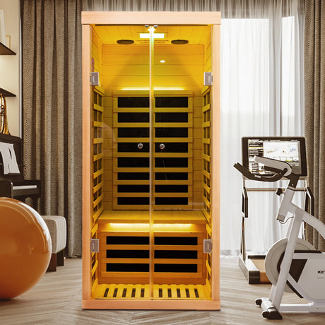 Luxury Indoor Low EMF Far Infrared Sauna Room with Hemlock Wood and Glass Double Doors HouseOfZazla