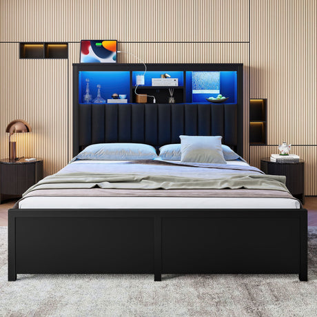 Bed Frame With High Storage Headboard, LED Light And Charging Station, 4 Storage Drawers HouseOfZazla