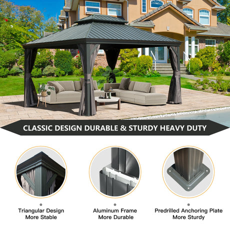 10' x 12' Hardtop Gazebo Outdoor Metal Gazebo with Galvanized Steel Double Roof Canopy, Aluminum Frame, Curtains and HouseOfZazla