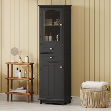 Tall Bathroom Storage Cabinet With Glass Doors, Free-Standing, Two Drawers, And Adjustable Shelves, Board, Painted Perfect For Displaying Your Favorite Items HouseOfZazla