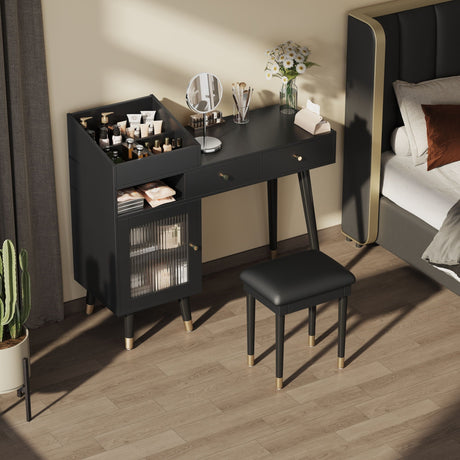 Modern Makeup Vanity Desk With Drawers Cabinet & Charging Port Engineered Wood Space Saving Design For Small Places - Black HouseOfZazla