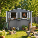 6x9 FT Outdoor Metal Storage Shed with Window & Flower Rack HouseOfZazla
