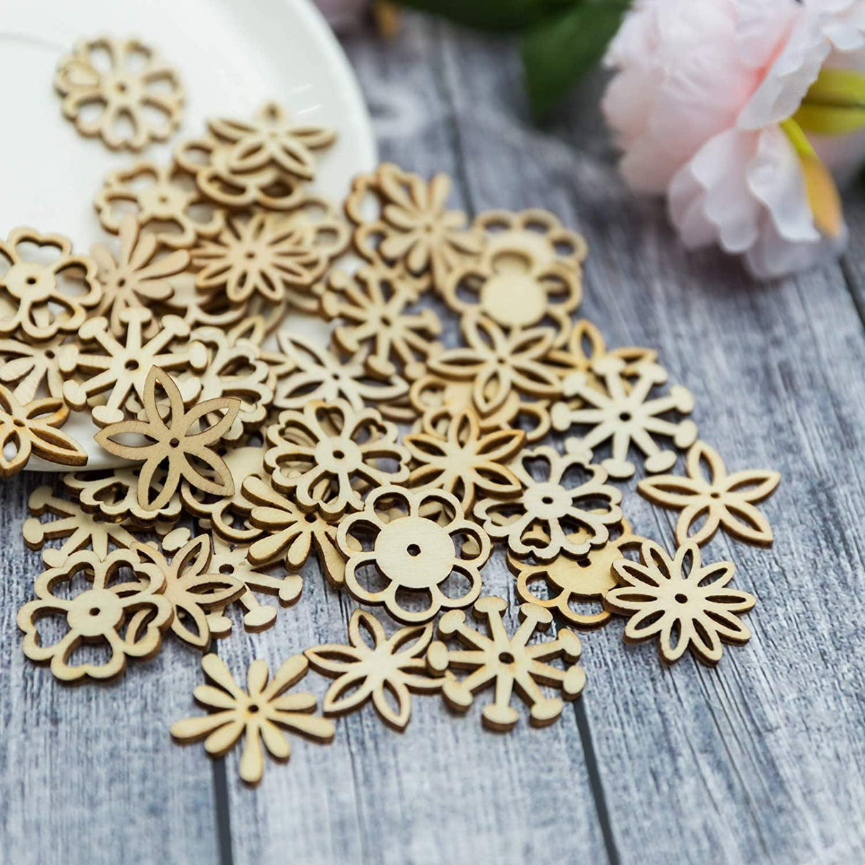 Flower Shape Wood Slices, Unfinished Wood DIY Craft Ornament 100Pcs WoodArtSupply