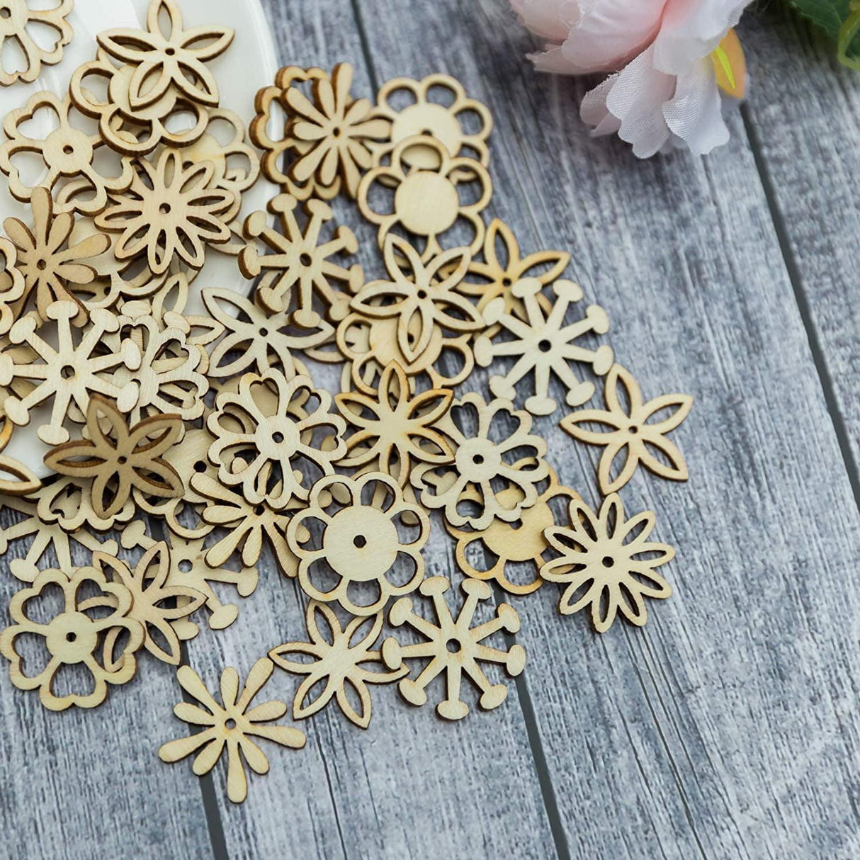 Flower Shape Wood Slices, Unfinished Wood DIY Craft Ornament 100Pcs WoodArtSupply