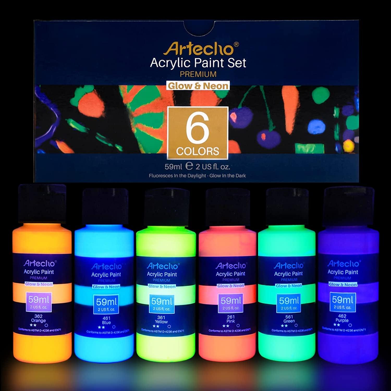 Glow in the Dark Paint Set of 6 Colors, 59 Ml / 2 Oz Acrylic Paint for Decoration, Art Painting, Outdoor and Indoor Art Craft - WoodArtSupply