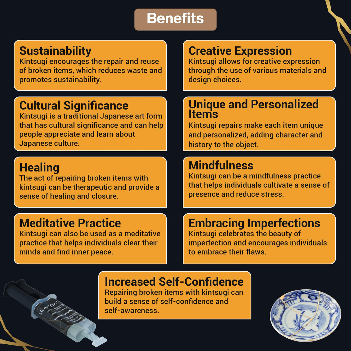 Hill Hjem Food Safe Kintsugi Repair Kit, Updated Instuctions for The Complete DIY Set for Kintsugi Pottery Restoration Includes Gold Dust, Glue, Practice Dish, Wood Sticks, Gloves, for Beginners Hill Hjem