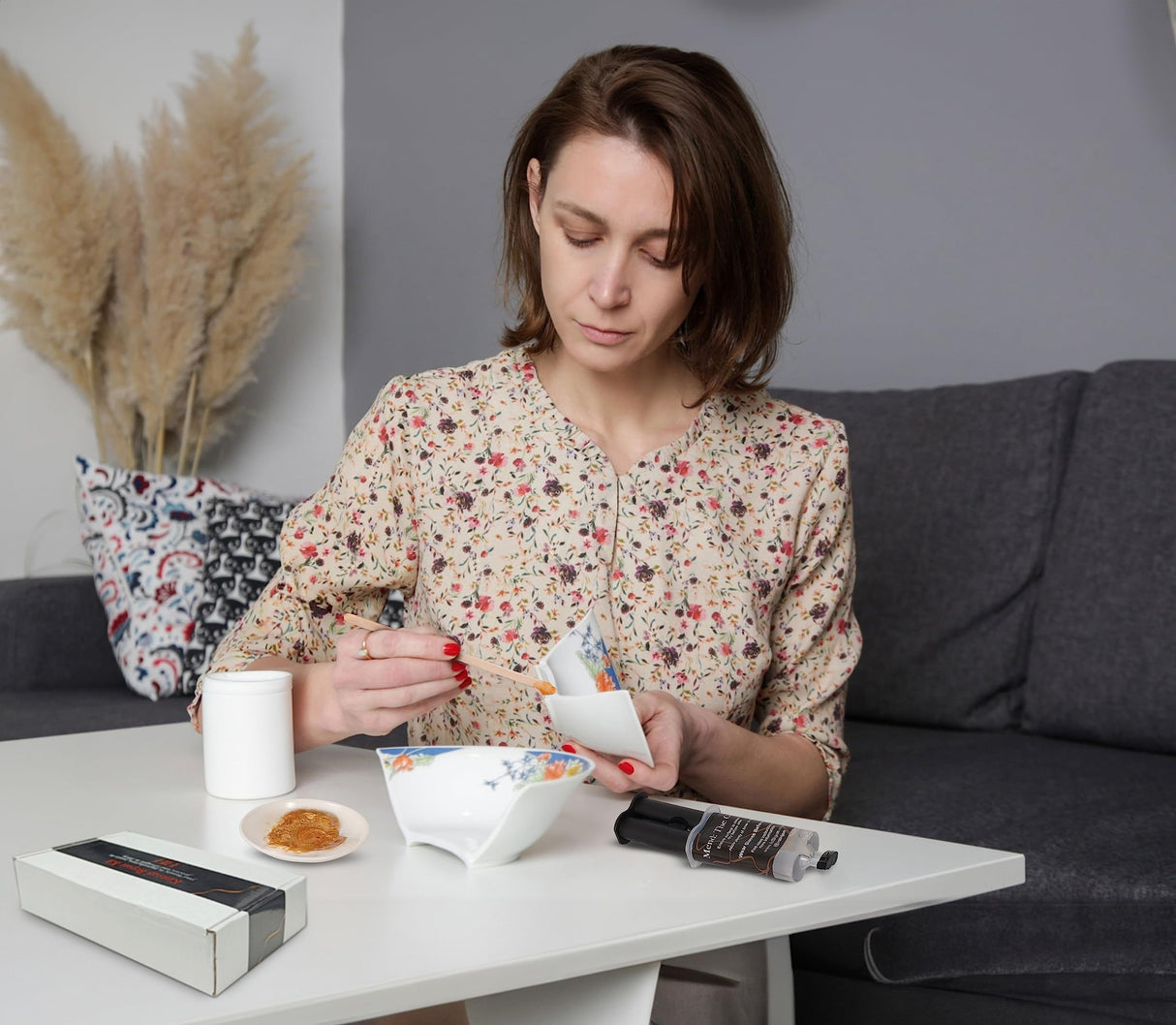 Hill Hjem Food Safe Kintsugi Repair Kit, Updated Instuctions for The Complete DIY Set for Kintsugi Pottery Restoration Includes Gold Dust, Glue, Practice Dish, Wood Sticks, Gloves, for Beginners Hill Hjem