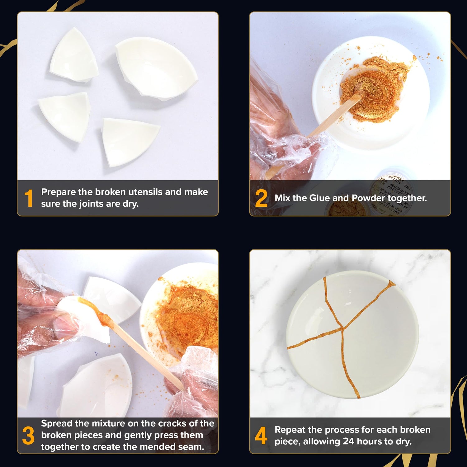 Hill Hjem Food Safe Kintsugi Repair Kit, Updated Instuctions for The Complete DIY Set for Kintsugi Pottery Restoration Includes Gold Dust, Glue, Practice Dish, Wood Sticks, Gloves, for Beginners Hill Hjem