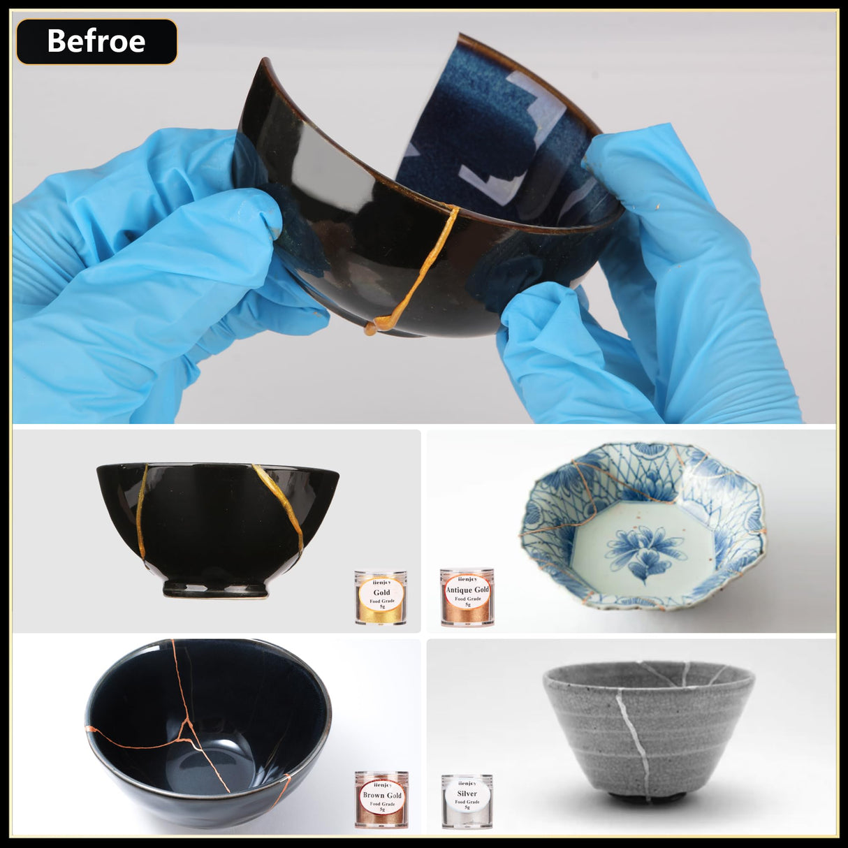 iienjoy Kintsugi Repair Kit, 4 Colors Food Safe Kintsugi Kit Repairs Broken Ceramics, Jade, Glass, Meaningful Pottery, Kintsugi Gold Glue for Ceramics and Porcelain Repair Perfect for Beginners iienjoy