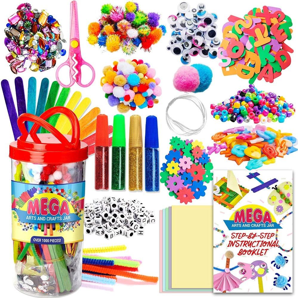 Kids Crafts and Art Supplies Jar Kit 1000+ Piece Set Glitter Glue, Paper, Colored Popsicle Sticks, Googly Eyes, Pipe Cleaners WoodArtSupply