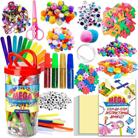 Kids Crafts and Art Supplies Jar Kit 1000+ Piece Set Glitter Glue, Paper, Colored Popsicle Sticks, Googly Eyes, Pipe Cleaners WoodArtSupply