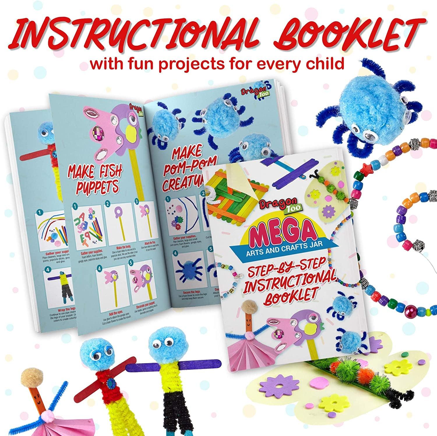 Kids Crafts and Art Supplies Jar Kit 1000+ Piece Set Glitter Glue, Paper, Colored Popsicle Sticks, Googly Eyes, Pipe Cleaners WoodArtSupply